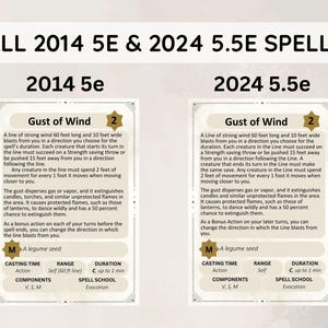May include: Two spell cards titled "Gust of Wind" from "ALL 2014 5E & 2024 5.5E SPELLS". The cards have a beige background with black text. The cards describe the spell's effects, range, duration, and components. The text includes the phrase "A legume seed".