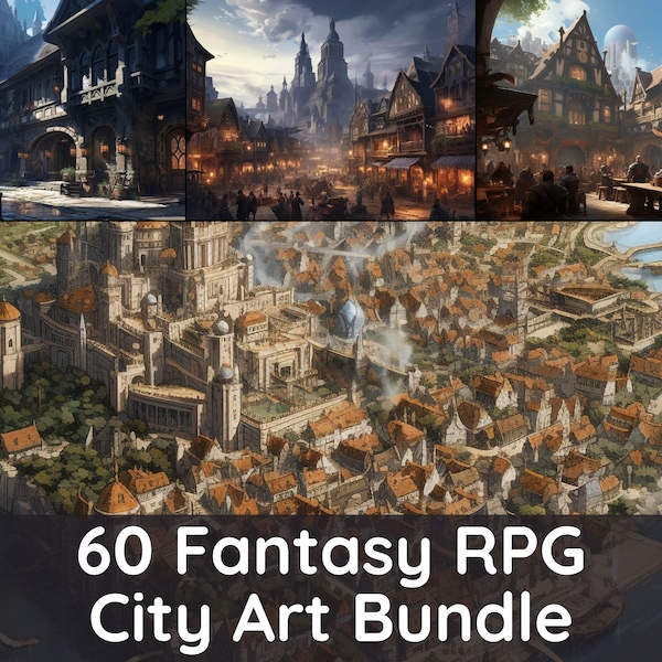 60 Fantasy RPG City Art, DnD Picture Bundle, D&D Pictures, Dungeons and Dragons Art, Town Cityscape artwork