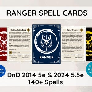 Jeu de cartes sorts Ranger D&D 5e | Sorts 2014 et 2024 inclus | Lot de grimoires | Plus de 140 sorts | 10 choix de couleurs | Donjon et Dragons 5e