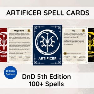 May include: A collection of Artificer Spell Cards for D&D 5th Edition, featuring over 100 spells. The cards display spell details with a central logo and are available in 10 colors. The text includes spell names and descriptions.
