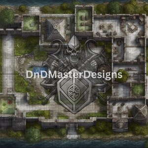 May include: Overhead view of a fantasy map with a castle, river, and surrounding terrain. A large emblem of a skull, shield, and crossed swords is centered on the map. The text "DnDMasterDesigns" is visible.