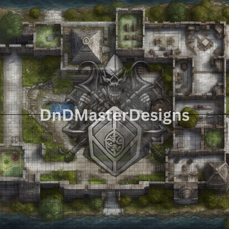 May include: Overhead view of a fantasy map with a castle, river, and surrounding terrain. A large emblem of a skull, shield, and crossed swords is centered on the map. The text "DnDMasterDesigns" is visible.