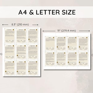 May include: Two sheets of cards, one 8.3" x 11.7" and the other 8.5" x 11". Each card has text and a small illustration. The text includes the words "A4 & LETTER SIZE". The cards are beige with dark text.