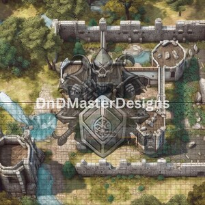 May include: Overhead view of a fantasy battle map with a castle, river, and forest. A large, detailed emblem of a skull-faced warrior with a shield and swords is superimposed over the map. The text "DnDMasterDesigns" is visible.