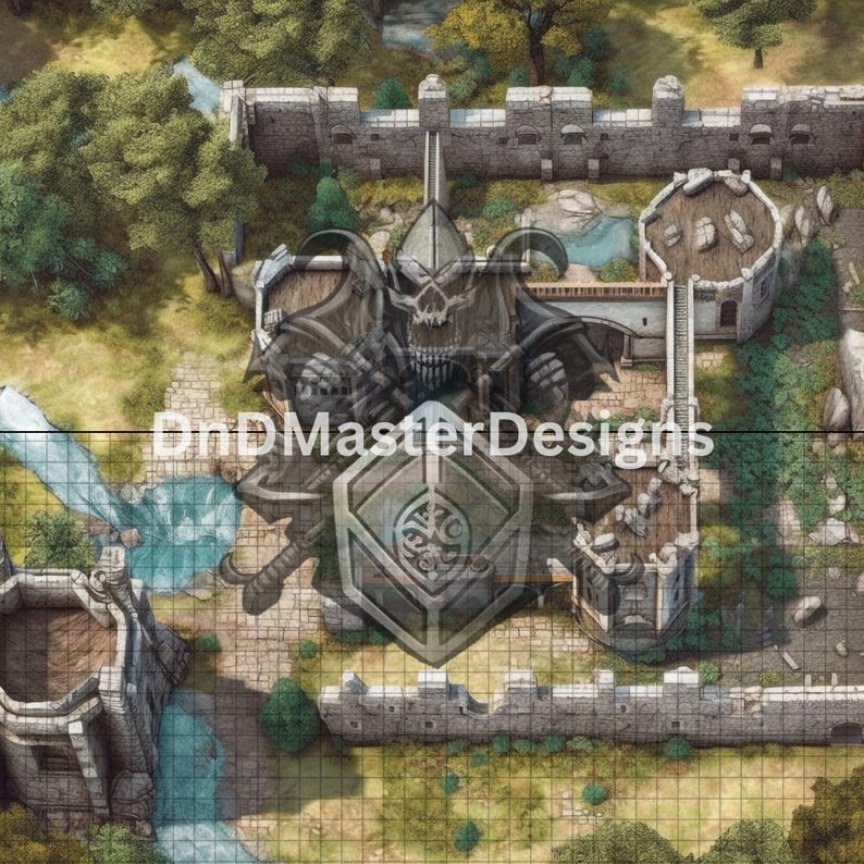May include: Overhead view of a fantasy battle map with a castle, river, and forest. A large, detailed emblem of a skull-faced warrior with a shield and swords is superimposed over the map. The text "DnDMasterDesigns" is visible.