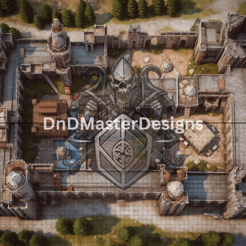 May include: Overhead view of a detailed fantasy map featuring a castle layout with towers, walls, and courtyards. A large shield with a skull and crossbones design is centered on the map. The text "DnDMasterDesigns" is visible.