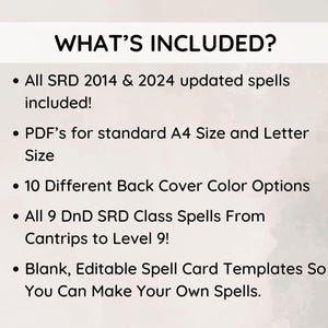 May include: A white background with the text "WHAT'S INCLUDED?" followed by bullet points listing features. Includes updated spells, PDF sizes, 10 back cover color options, all DnD SRD class spells, and editable spell card templates.