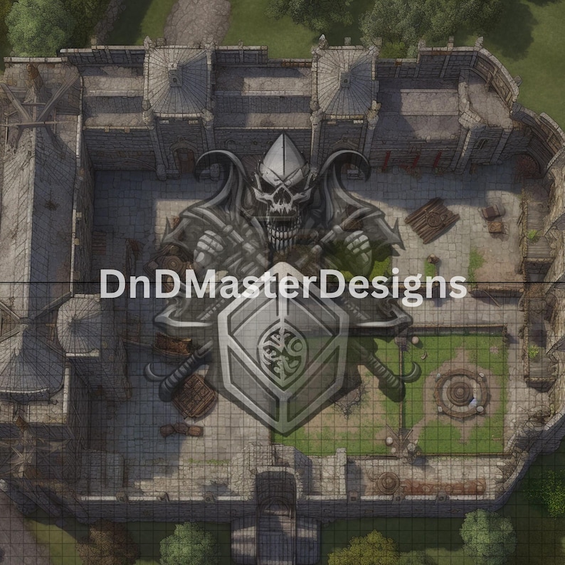 May include: Overhead view of a detailed fantasy map featuring a castle layout with a skull emblem and crossed swords. The map is gridded and includes the text "DnDMasterDesigns". The color palette is primarily gray and green.