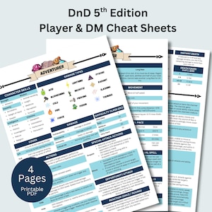 DnD New Player and Game Master Cheat Sheet, Quick Reference Guide, 5e Player Guide, Digital Download, 5th edition Cheat Sheet, Game Master
