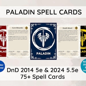 May include: Paladin spell cards for D&D 5e and 5.5e, featuring 75+ spells. The cards have a white sword and shield design on a colored background. Includes 10 color options. Text on the cards includes spell names and descriptions.