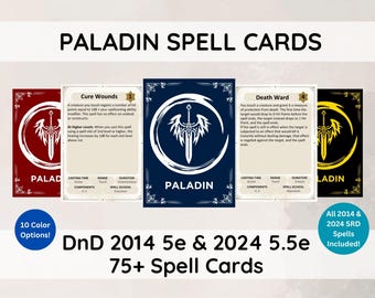May include: Paladin spell cards for D&D 5e and 5.5e, featuring 75+ spells. The cards have a white sword and shield design on a colored background. Includes 10 color options. Text on the cards includes spell names and descriptions.