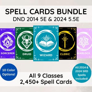 Pacchetto di carte magiche DnD 5e definitivo: oltre 2450 libri di incantesimi in PDF stampabili (tutte le classi, SRD 2014 e 2024)