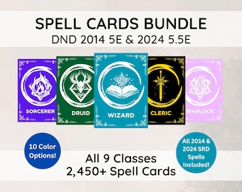 Bundel met Ultimate DnD 5e-spreukkaarten: 2450+ afdrukbare pdf-spreukenboeken (alle lessen 2014 en 2024)