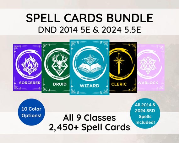 Ultimate DnD 5e Spell Cards Bundle: 2450+ Printable PDF Spellbook (All Classes 2014 & 2024)