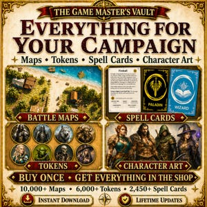 May include: A promotional image for "The Game Master's Vault" featuring maps, tokens, spell cards, and character art. The image includes a battle map, character art, and spell cards for Paladin and Wizard. The text reads "Buy Once, Get Everything in the Shop."