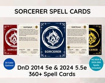 May include: A collection of Sorcerer Spell Cards for Dungeons & Dragons, featuring various spells like Acid Splash and Hold Person. The cards have a white and black design with a flame emblem, available in 10 color options. Includes 360+ spells.