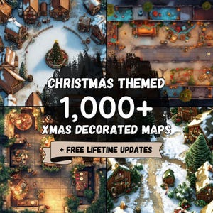 May include: A collage of Christmas-themed maps with snowy rooftops, decorated interiors, and a central Christmas tree. Text reads "Christmas Themed 1,000+ Xmas Decorated Maps + Free Lifetime Updates."