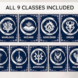 May include: A set of nine navy blue cards featuring white illustrations representing different classes: Warlock, Wizard, Sorcerer, Druid, Cleric, Bard, Artificer, Ranger, and Paladin. Each card has a unique symbol within a crescent moon design, with the text "ALL 9 CLASSES INCLUDED" at the top.