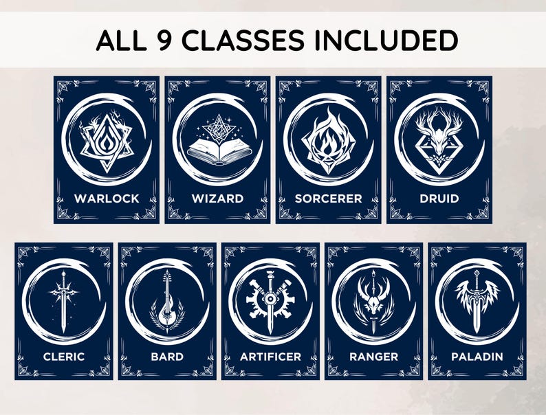May include: A set of nine navy blue cards featuring white illustrations representing different classes: Warlock, Wizard, Sorcerer, Druid, Cleric, Bard, Artificer, Ranger, and Paladin. Each card has a unique symbol within a crescent moon design, with the text "ALL 9 CLASSES INCLUDED" at the top.