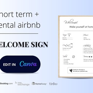 Airbnb Welcome Sign Template, Watercolor Welcome Signage, Guest Arrival Poster, Wifi Info Sheet Sign