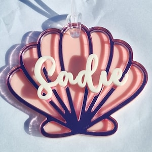 Personalised Shell Bag Tag, Custom Mermaid Themed Backpack Tag Keychain for School Kindergarten