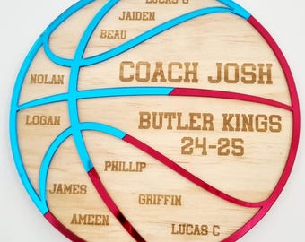 Puede incluir: Placa de madera con forma de baloncesto con detalles azules y rojos. La placa presenta el texto "COACH JOSH" y "BUTLER KINGS 24-25", junto con varios nombres. Una mano sostiene la placa.