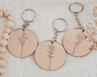 Birth Flower Keyring, Mirrored Acrylic Keyring, Mothers Day Gift, Anniversary Gift
