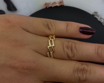 Anillo de oro hueco de doble capa, elegante anillo CZ apilable ajustable, regalo de anillo de circón delicado para ella