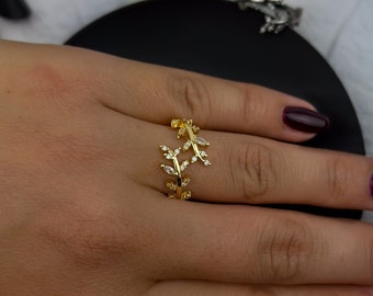 Verstellbarer CZ Blatt Ring, Silber Olive Blatt Ring für Sie, Zierlicher Minimalist Stapelbarer Ring für Tochter