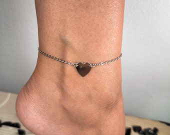 Gold or Silver Heart Anklet, Simple Heart Anklet for Daughter, Elegant Thin Chain Anklet for Her