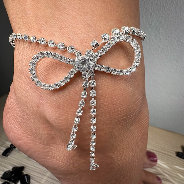 Rhinestone Bow Ankle Bracelet, Luxury Girls Night Out Anklet, Elegant Gift for Her