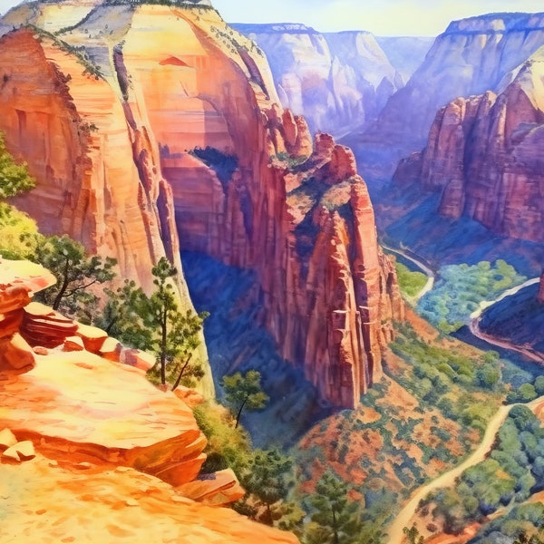 Angels Landing Print Zion National Park Utah Art Watercolor Digital Art Oil Painting Wall Decor and Photo Realistic Pictures