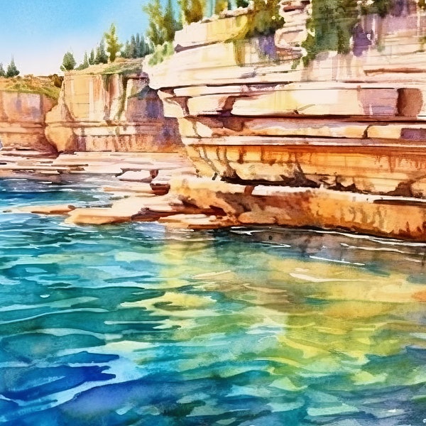 Pictured Rocks Print National Lakeshore Michigan Art Watercolor Digital Art Oil Painting Wall Decor and Photo Realistic Pictures