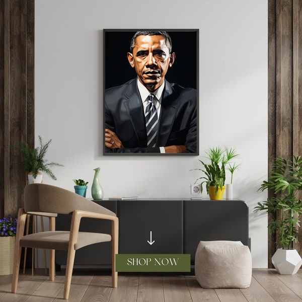 Barack Obama Print President Obama Digital Image in Watercolor Stained Glass Oil Paint and Black and White for Office Wall Décor