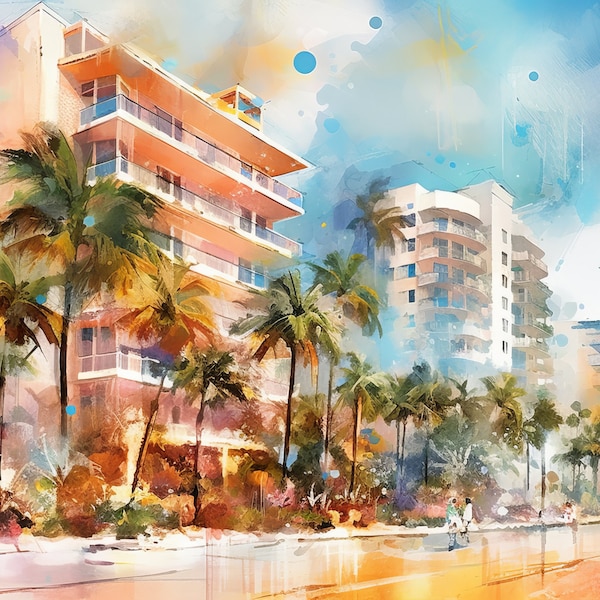 Miami Beach Sunset Scene Art 4K HD Watercolor Canvas Art Art Unique Wall Decor