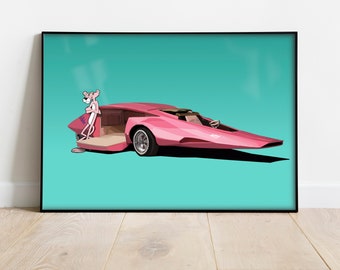Pink Panther en iconisch autoposterontwerp - kunst aan de muur