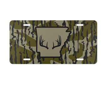Custom MossBark Camo State of Arkansas with Antlers Vanity Plate, License Plate