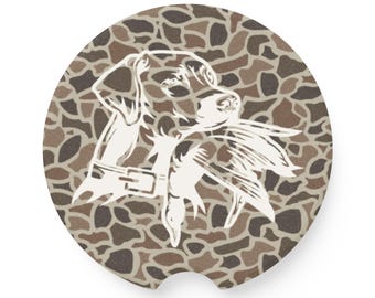 Old School Camo Soapstone Car Coaster with Duck Dog, Hunting Gifts, Car/Truck Accessories
