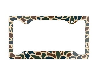 Old School Camo (Dark Colors) Metal License Plate Frame, Gifts for Him, Hunting Fishing Gifts