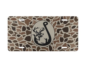Old School Camo License Plate, Fish Hook Design, Fishing Hunting Gifts, Car/Truck Accessories