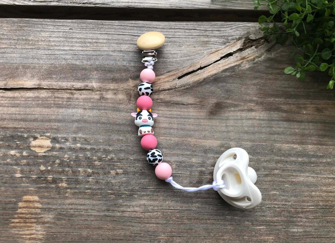 Handmade Farm Pacifier Clip With Cow, Silicone Beads, Baby Shower Gift ...