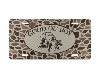 Old School Camo License Plate, "Good Ol' Boy" Duck Dog, Hunting Gifts, Truck Accessories