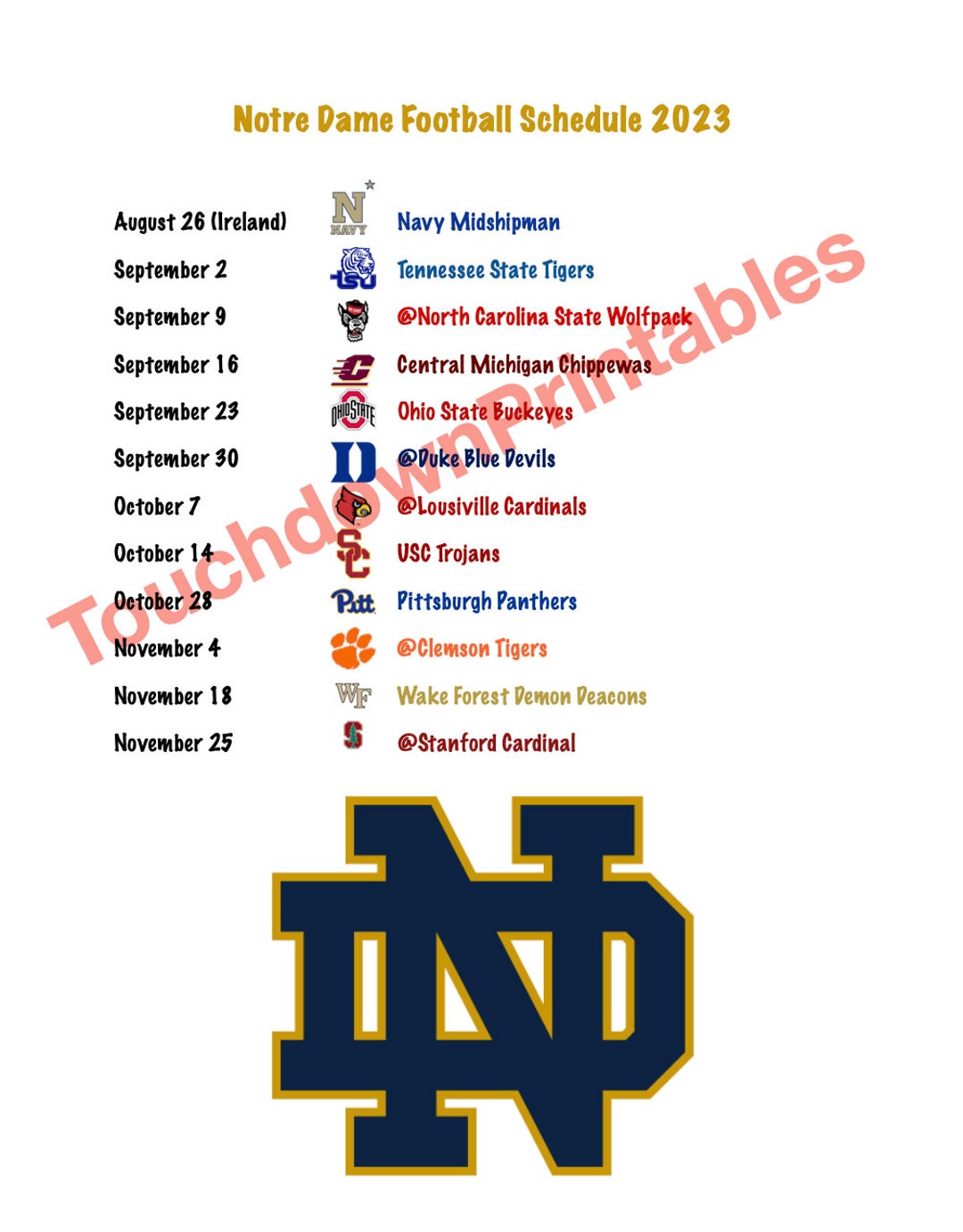 Notre Dame Football 2023 Printable Schedule Football Etsy España