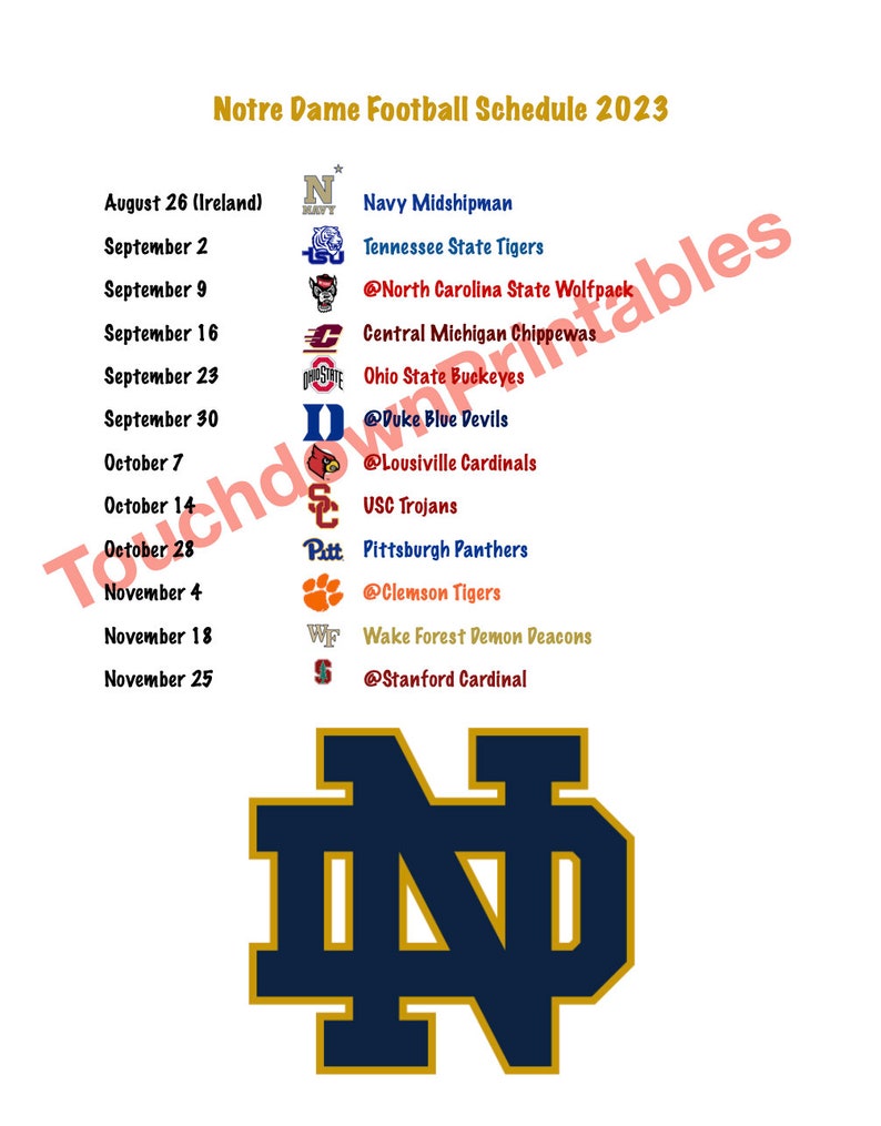Notre Dame Football 2023 Printable Schedule Football Etsy