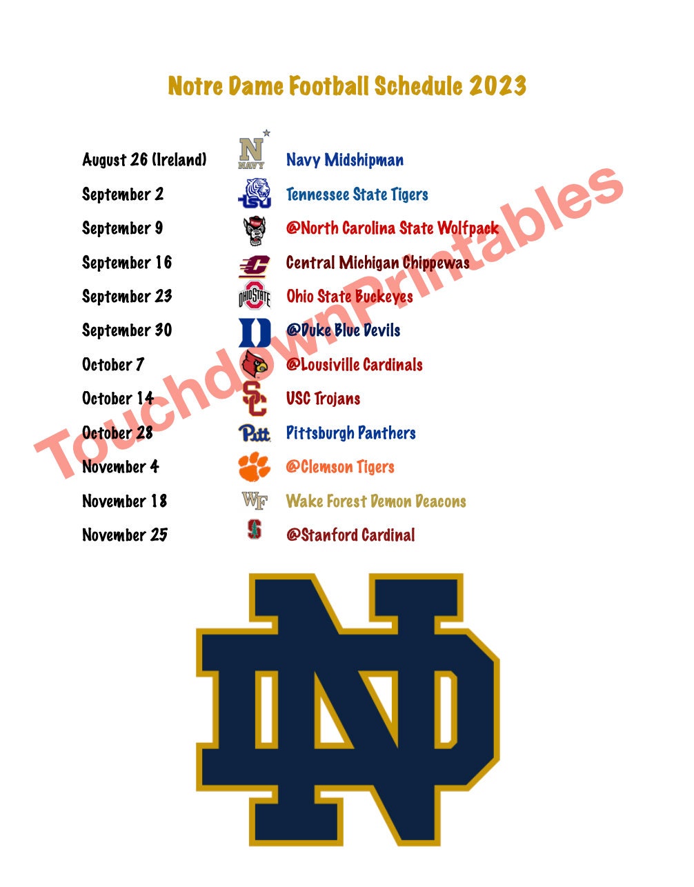 Notre Dame Football 2023 Printable Schedule Football Etsy UK