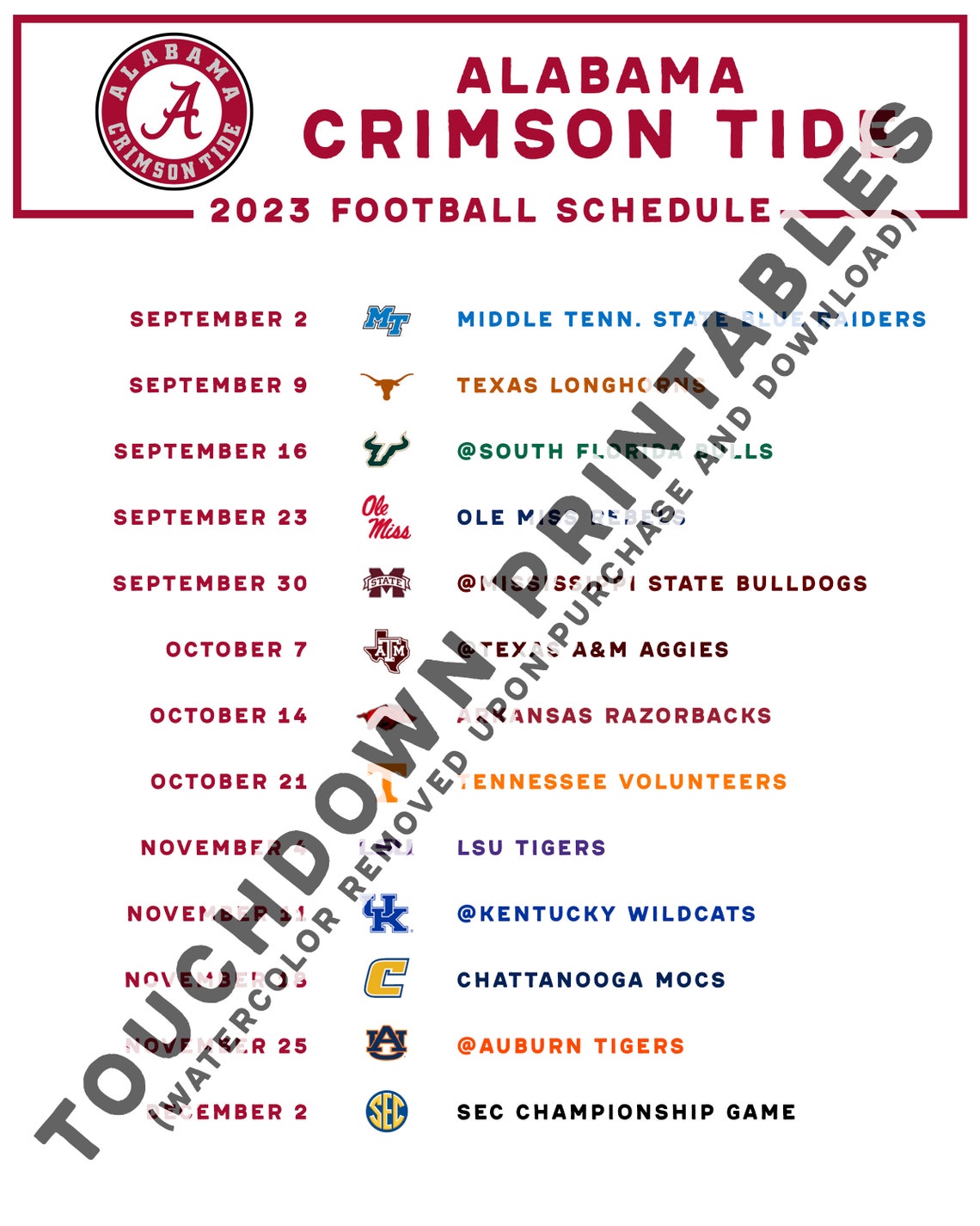 Alabama Football 2023 Printable Schedule Crimson Tide SEC Etsy