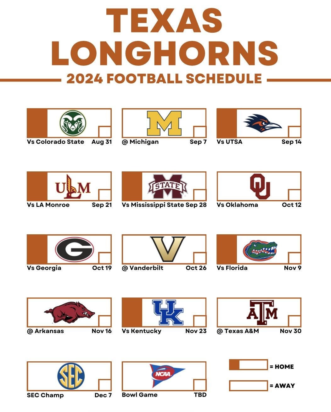 Texas Football 2024 Printable Schedule Football Schedule Big 12 Team ...