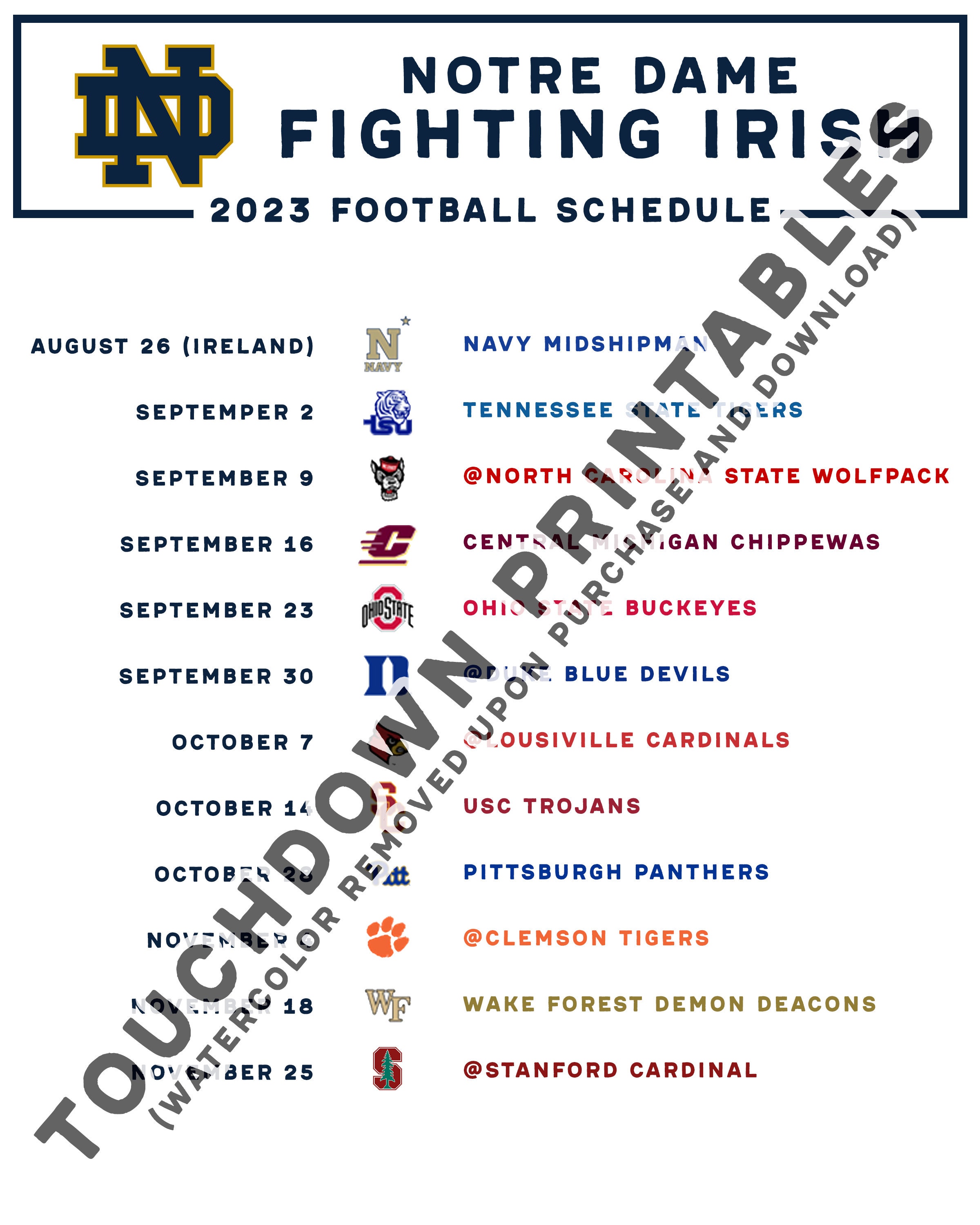 Notre Dame Football 2023 Printable Schedule ACC BIG Etsy