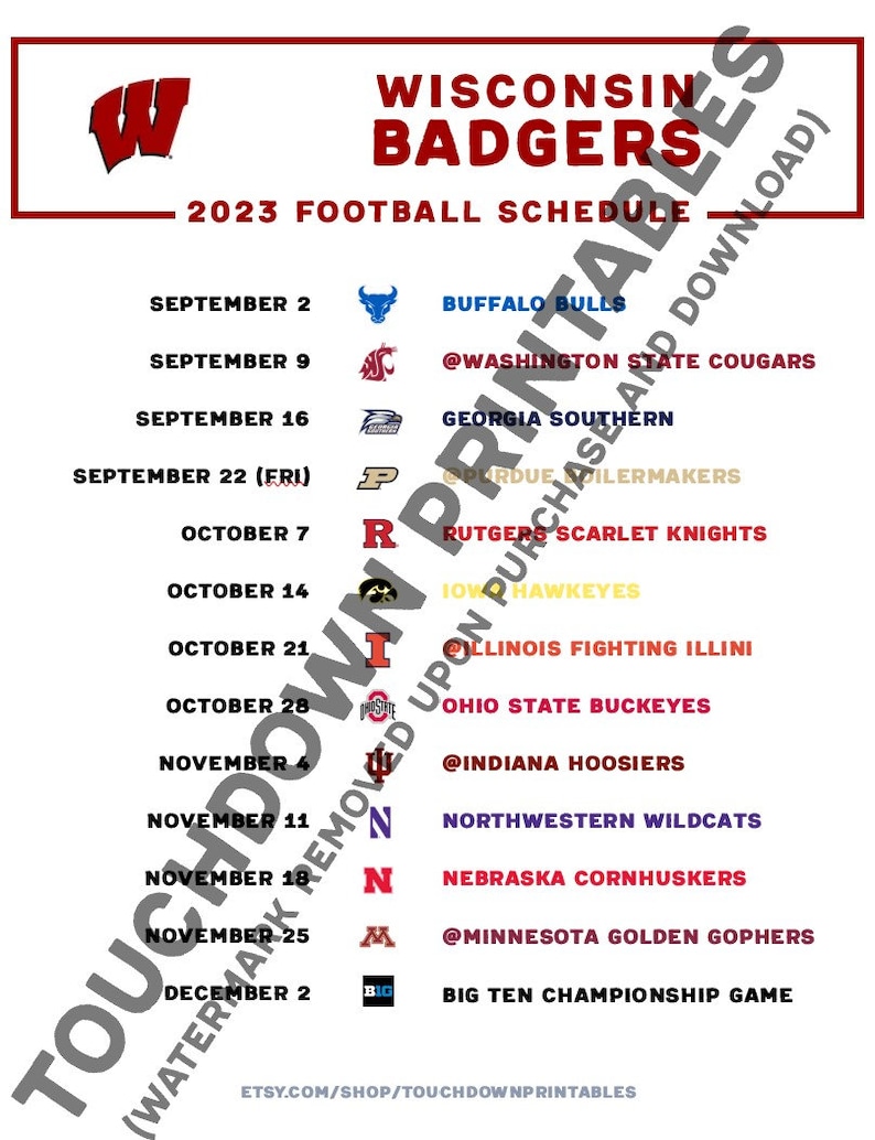 Wisconsin Badgers Football 2023 Printable Schedule BIG 10 Etsy