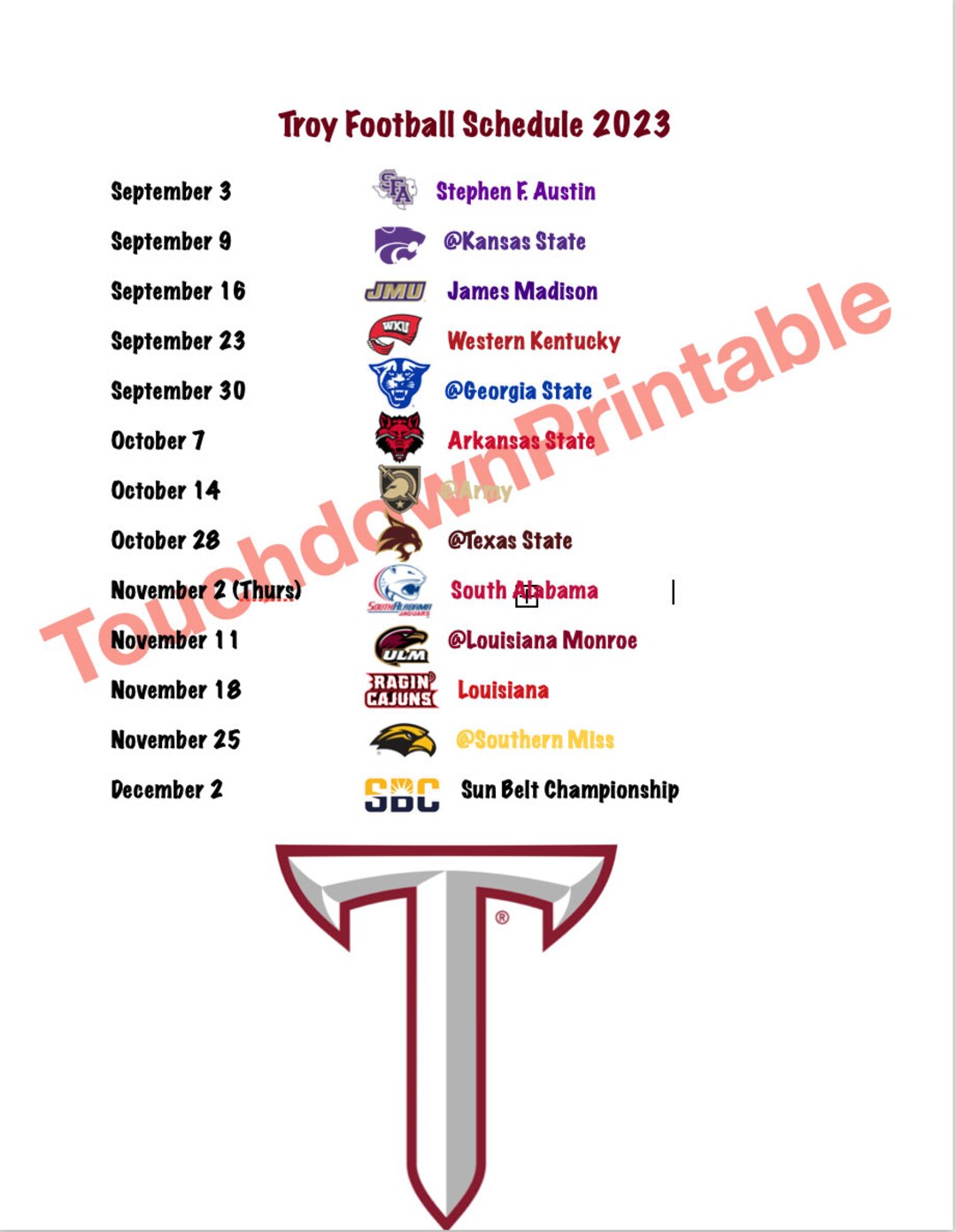 Troy 2023 Football Printable Schedule Printable Schedule Etsy